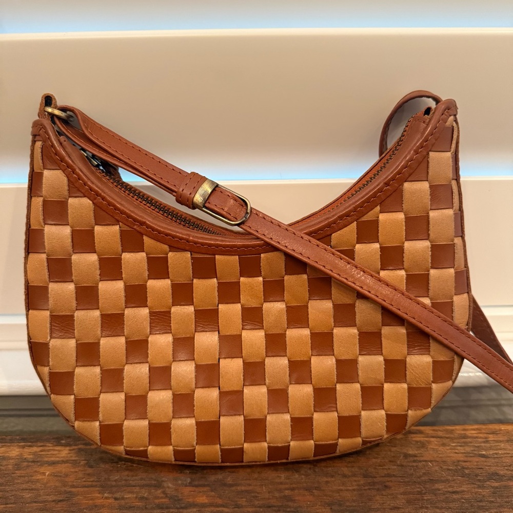 Bembien Mini Sling Crossbody Bag | Caramel Sienna Check | Handwoven Leather